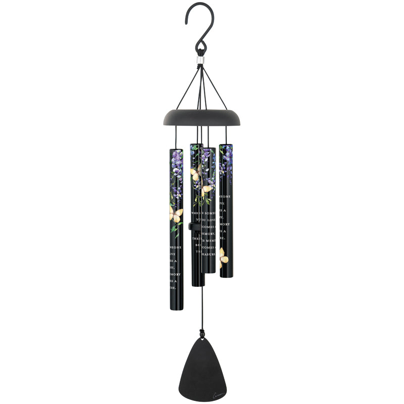 A 21-inch black wind chime with powder coated aluminum construction and UV printed tubes featuring images of purple flowers with butterflies. It includes four heavy walled tubes and an adjustable striker.