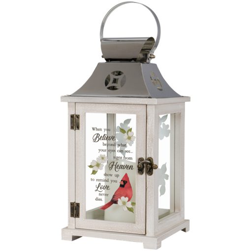Decorative lantern with a Cardinal design and inspirational quote on a white background
