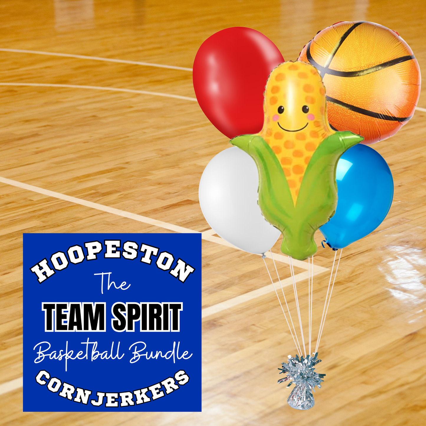 Team Spirit Hoopeston Cornjerkers basketball balloon bundle in red, white and blue school colors.