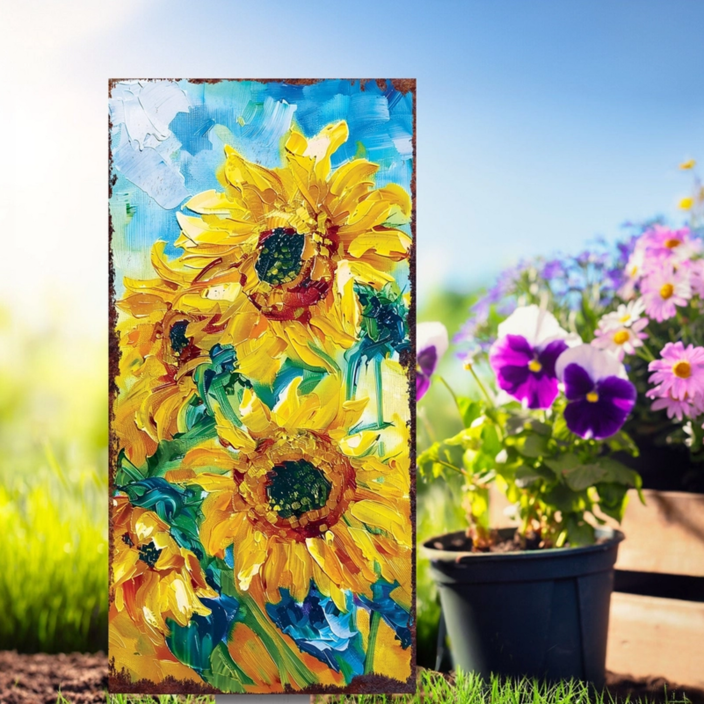 PREORDER - 30" Bold Oil Paint Style Sunflower Garden Stake