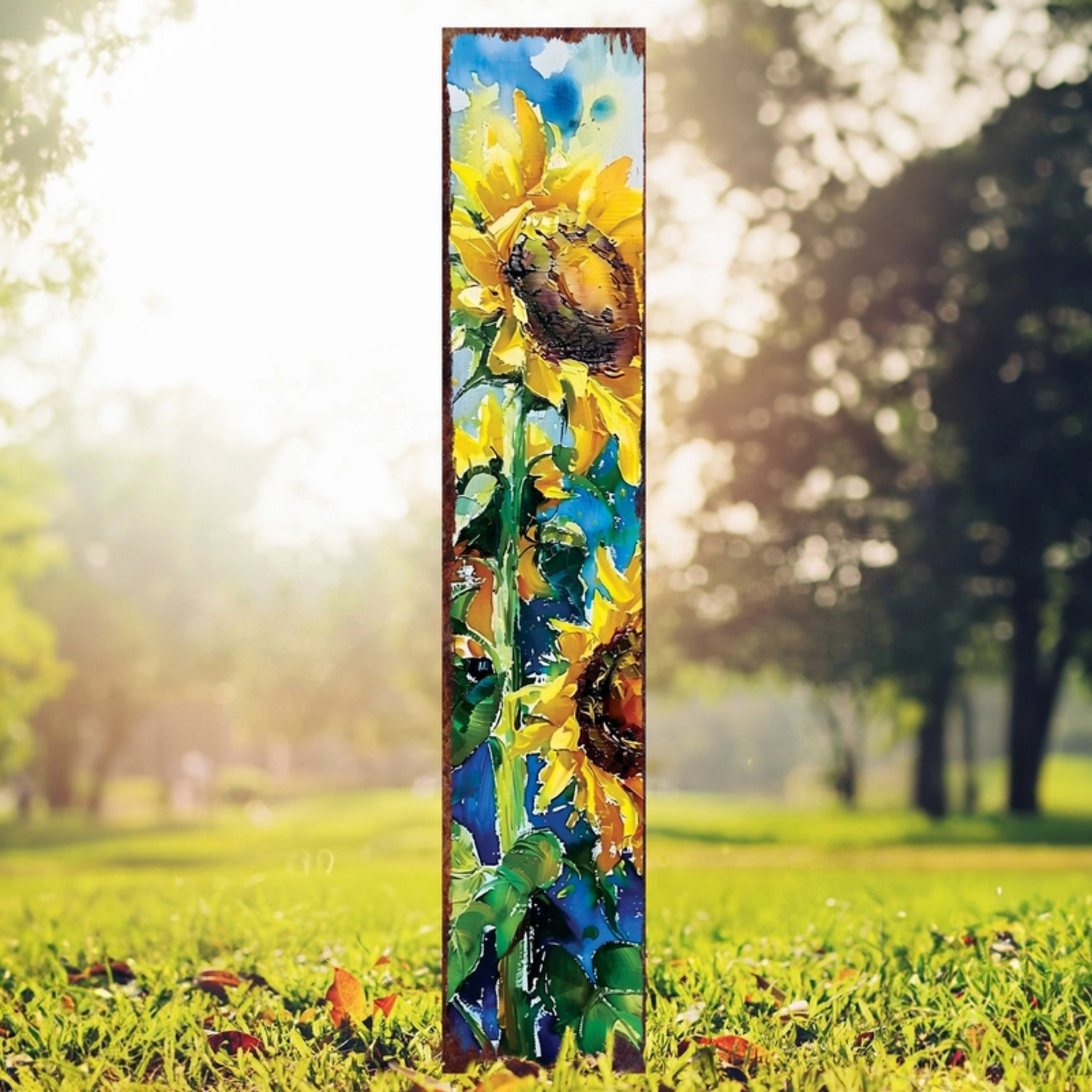 PREORDER - 42" Right-Facing Sunflower Dark Blue Oil Paint Style Garden Stake