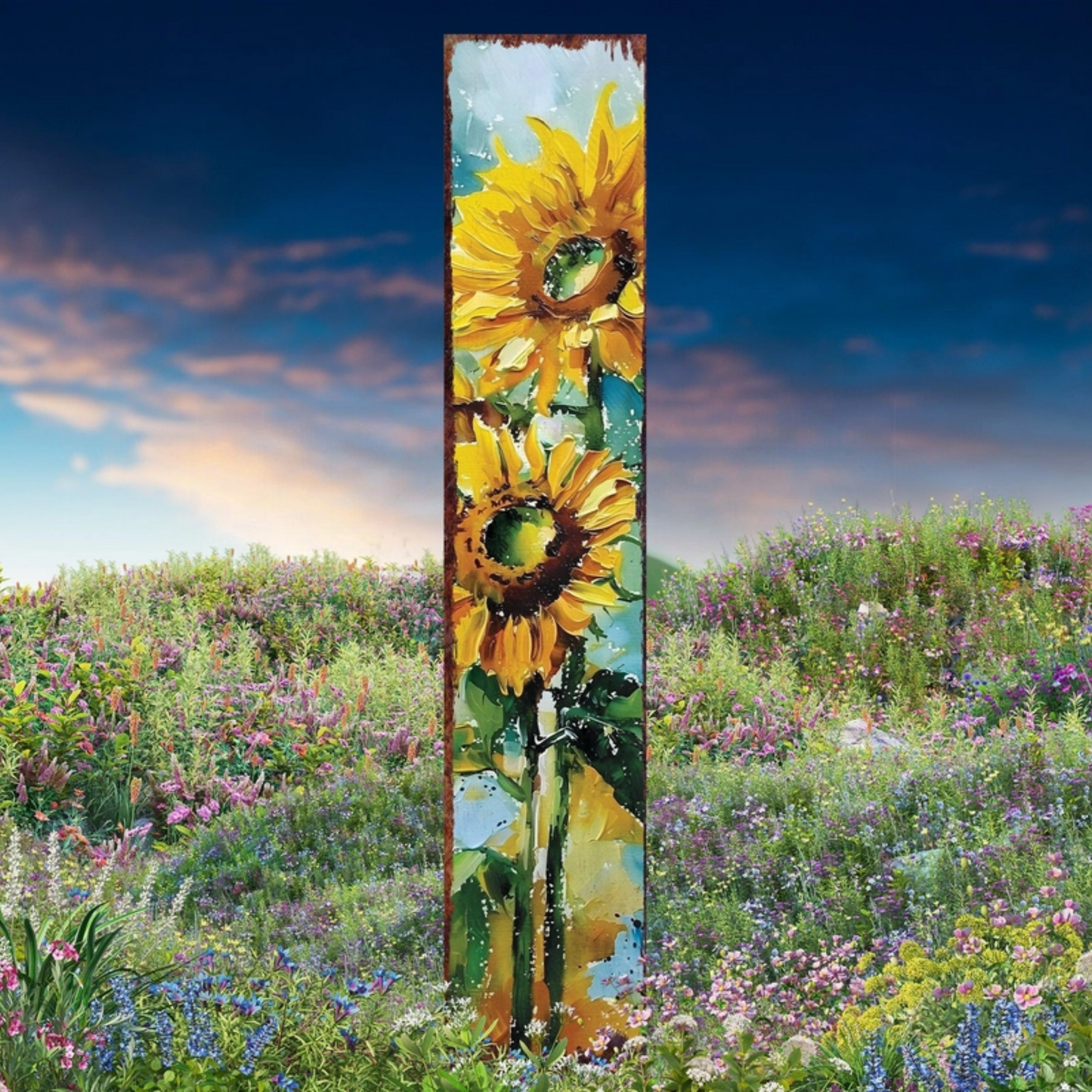 PREORDER - 42" Sunflower Light Blue Oil Paint Style Garden Stake