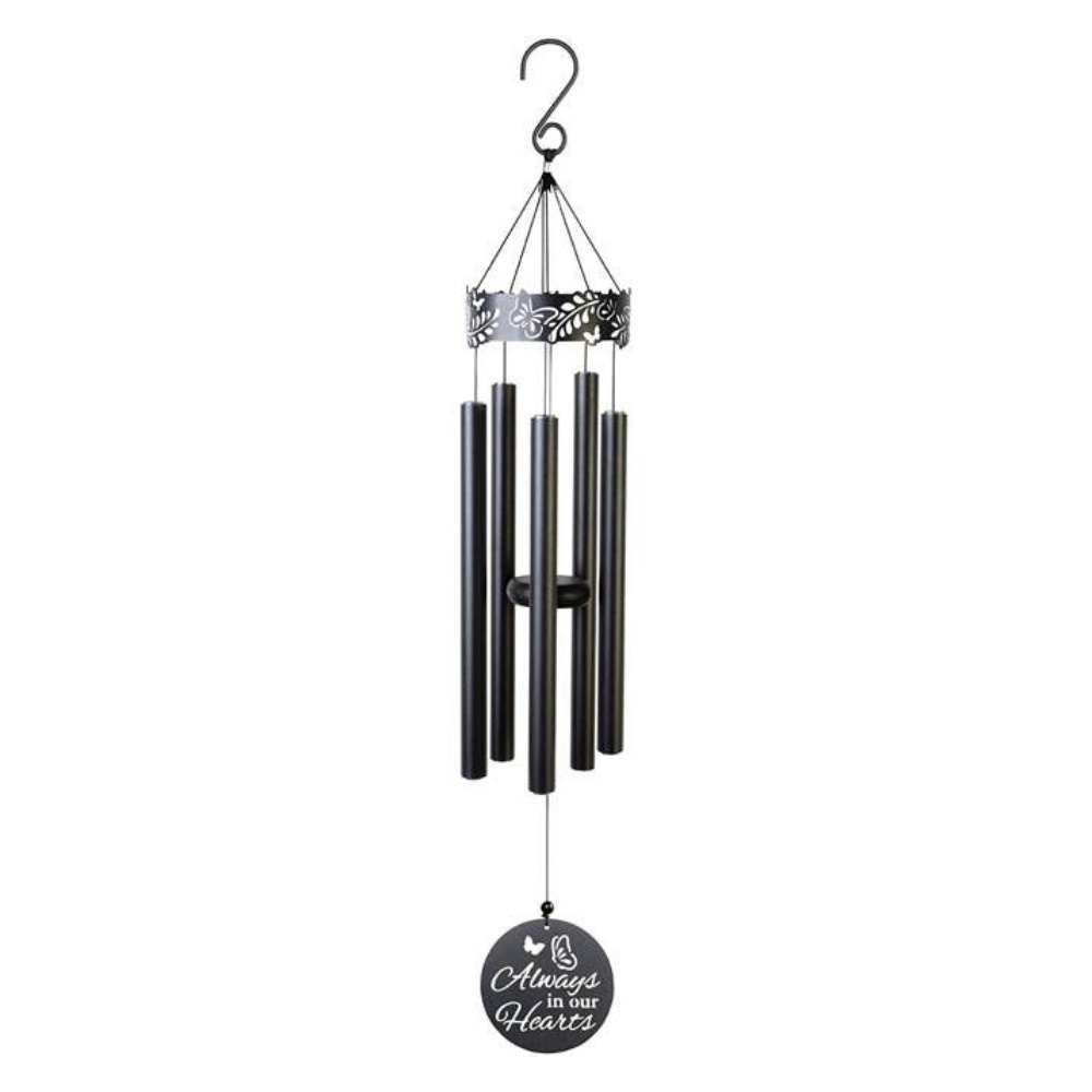 A 34-inch black laser cut chime with greenery and butterfly designs on the top, five center-pinned tubes, and a striker with the message 'Always in our Hearts'.