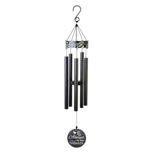 A 34-inch black laser cut chime with greenery and butterfly designs on the top, five center-pinned tubes, and a striker with the message 'Always in our Hearts'.