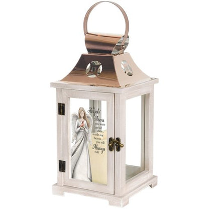 Decorative lantern with angel figure and text on a white background