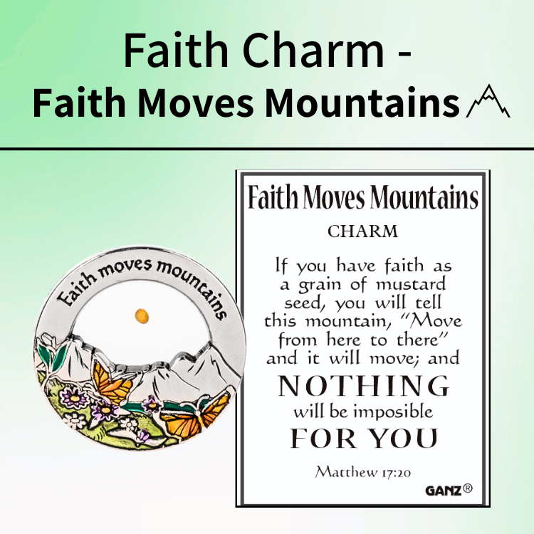Faith Charm with 'Faith Moves Mountains' text and mountain design on a light green background.