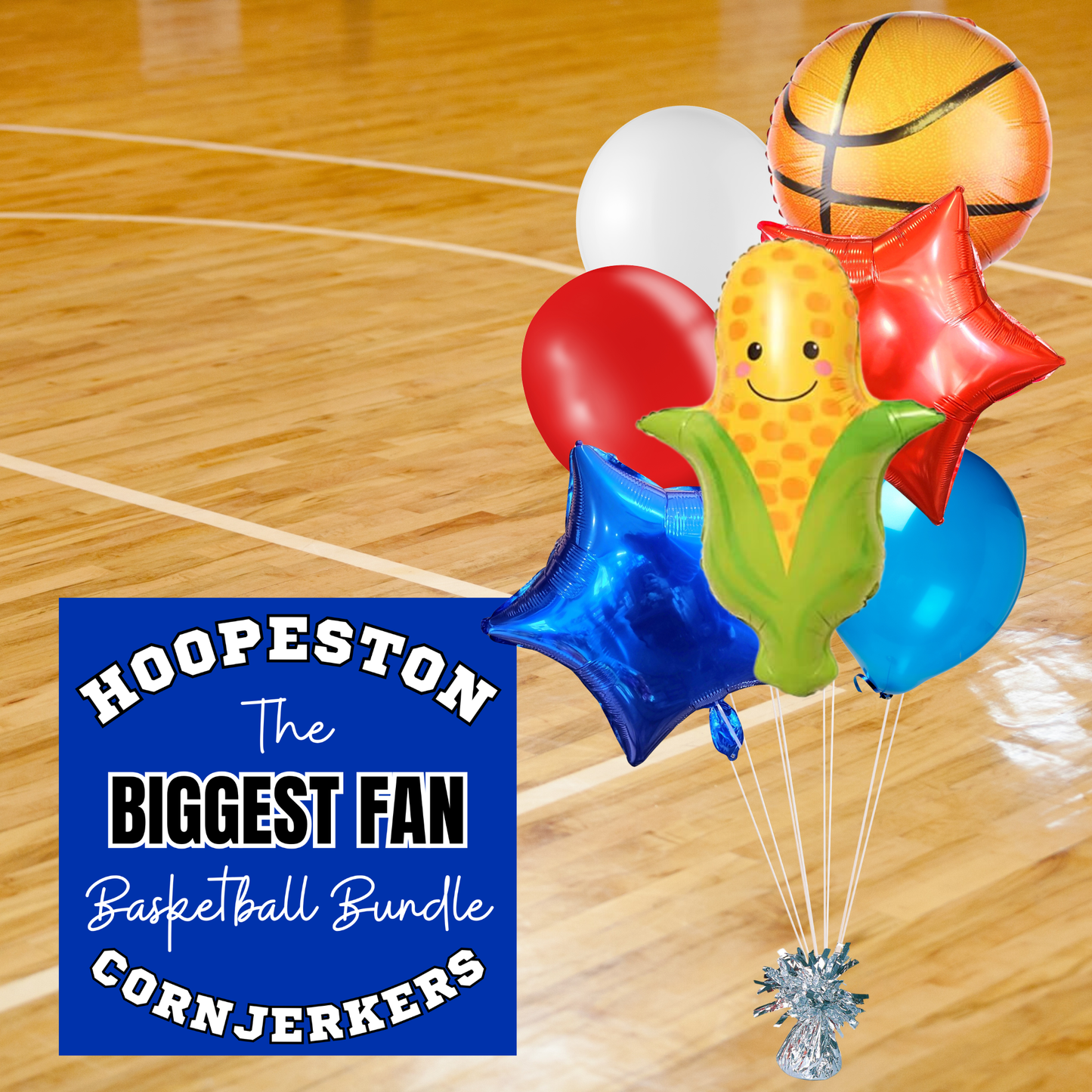 Biggest Fan Hoopeston Cornjerkers basketball balloon bundle with basketball, star and school spirit balloons.
