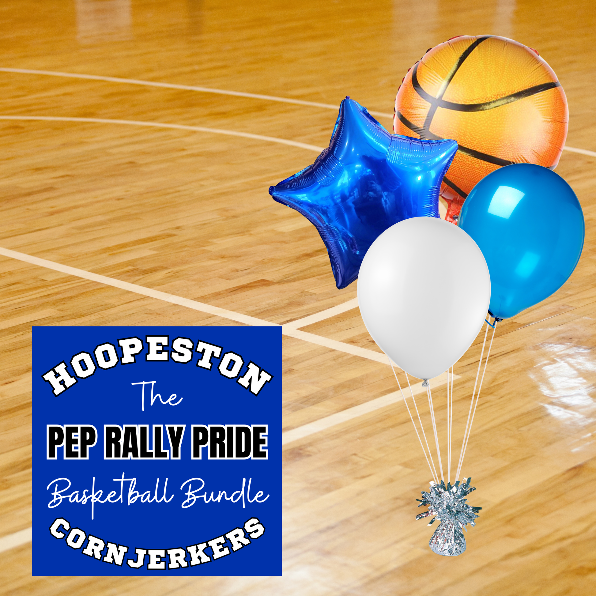 Pep Rally Pride Hoopeston Cornjerkers basketball balloon bundle with basketball and school-color balloons.