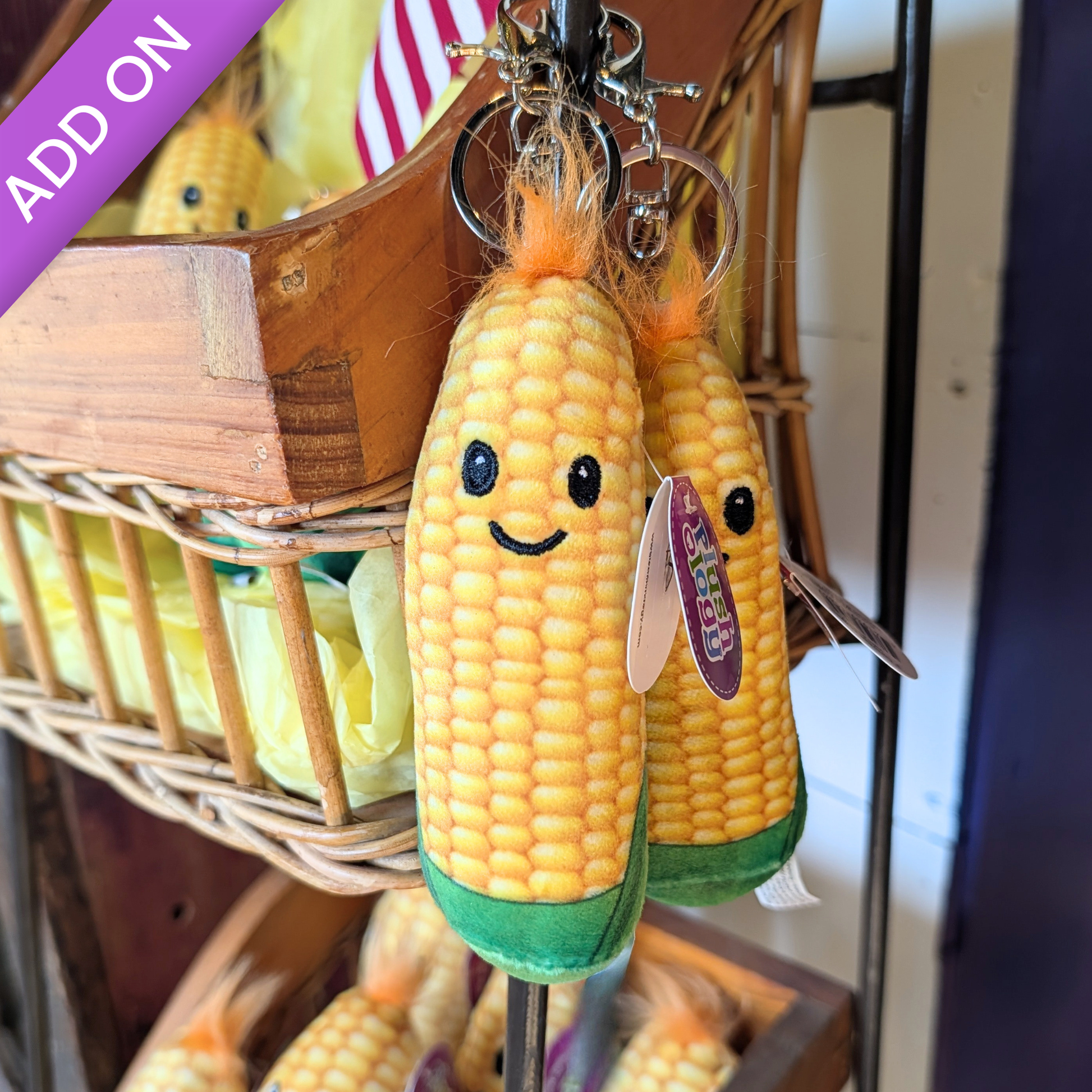 Mini Sweet Corn plush keychain add-on for the National Sweetheart Pageant and National Sweet Corn Festival in Hoopeston, Illinois.