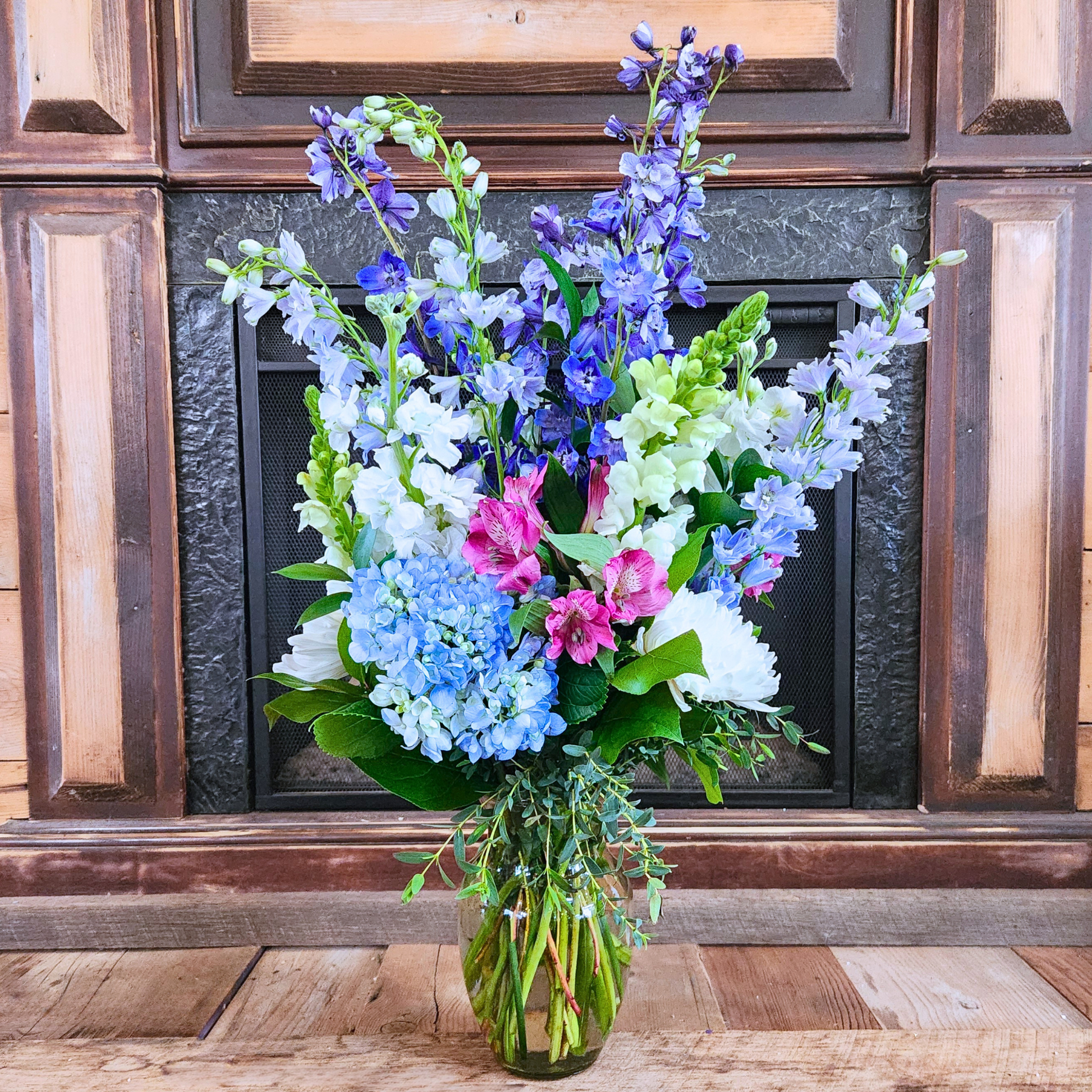 Cotton Candy Skies blue, white and pink National Sweetheart flower bouquet by Treasured Roots Flower Shop in Hoopeston, Illinois