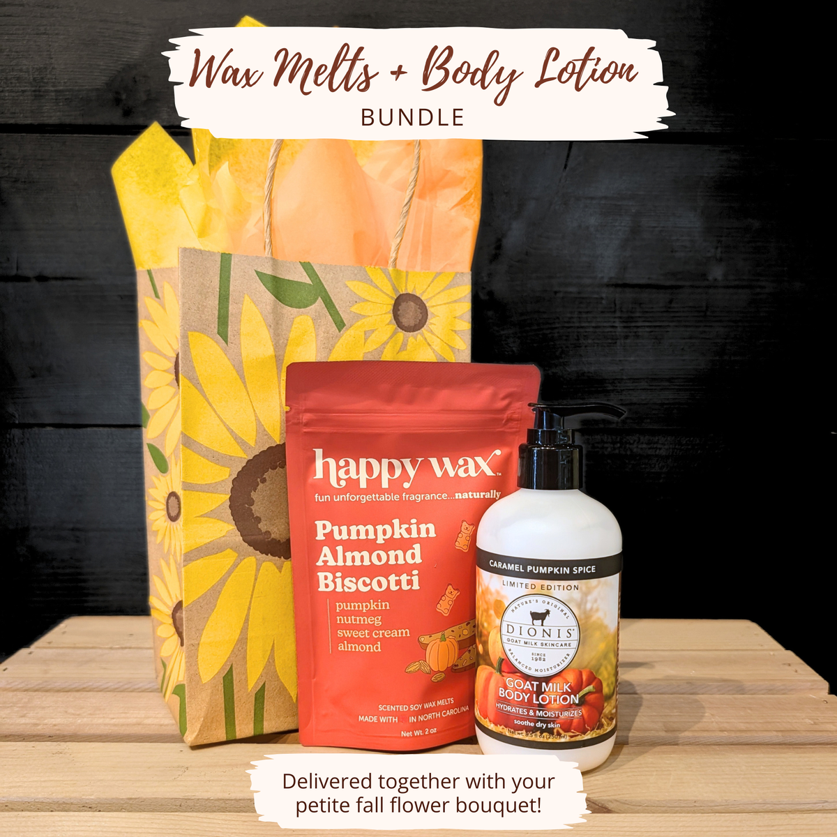 Fall gift bundle with Happy Wax fall-scented wax melts, Dionis Caramel Pumpkin Spice body lotion, sunflower gift bag, and tissue paper.