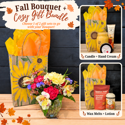 Petite fall flower bouquet with colorful seasonal blooms in a small clear ribbed vase from Treasured Roots Flower Shop in Hoopeston, IL.
