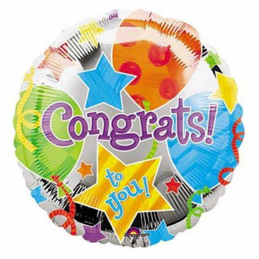A round, multicolored balloon with 'Congrats!' text and various celebratory designs such as stars and confetti.